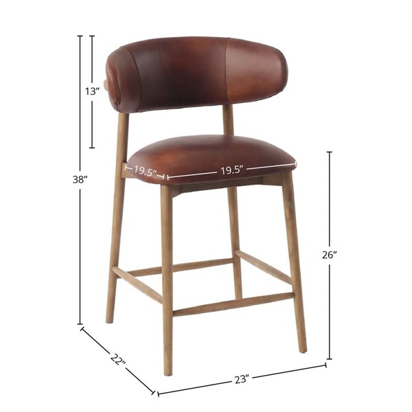 LH Home Milo Modern Brown Genuine Leather Back/Seat Counter Stool - Natural Wood Frame