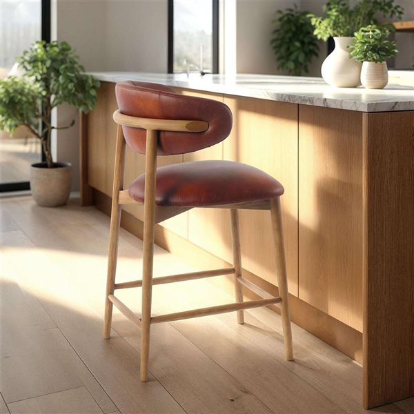 LH Home Milo Modern Brown Genuine Leather Back/Seat Counter Stool - Natural Wood Frame