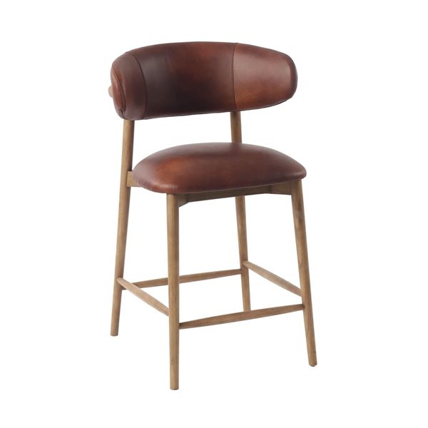 LH Home Milo Modern Brown Genuine Leather Back/Seat Counter Stool - Natural Wood Frame