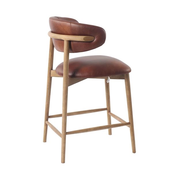 LH Home Milo Modern Brown Genuine Leather Back/Seat Counter Stool - Natural Wood Frame