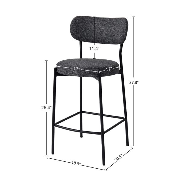LH Home Kai 2-Pc Modern Dark Grey Polyester Seat/Back Black Metal Frame Counter Stool Set
