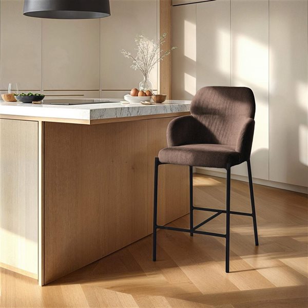 LH Home Allegra Modern Black Metal Counter Arm Stool - Corduroy Brown Polyester Seat