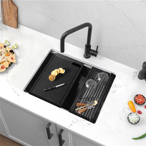 Stylish Undermount 25-in Stainless Steel Double Bowl Workstation Kitchen Sink w/ Black Accessories