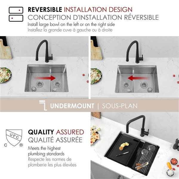 Stylish Undermount 25-in Stainless Steel Double Bowl Workstation Kitchen Sink w/ Black Accessories