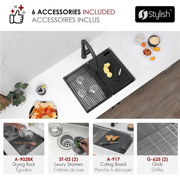 Stylish Undermount 25-in Stainless Steel Double Bowl Workstation Kitchen Sink w/ Black Accessories