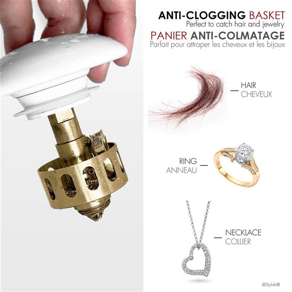 Undermount Sink Pop-Up Drain w/ White Ceramic Cap With Overflow - White