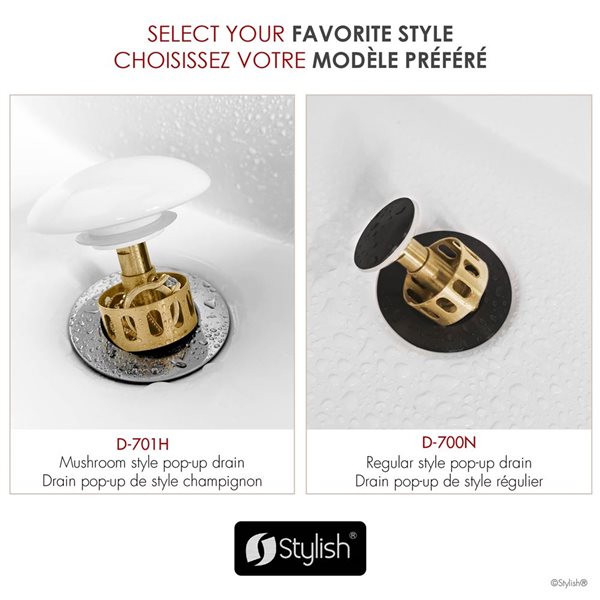 Undermount Sink Pop-Up Drain w/ White Ceramic Cap With Overflow - White