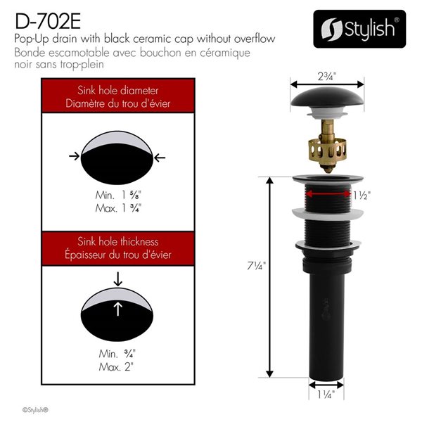 Set of 2 Vessel Sink Pop-Up Drains w/ Black Ceramic Caps Without Overflow - Matte Black