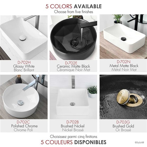 Set of 2 Vessel Sink Pop-Up Drains w/ Black Ceramic Caps Without Overflow - Matte Black