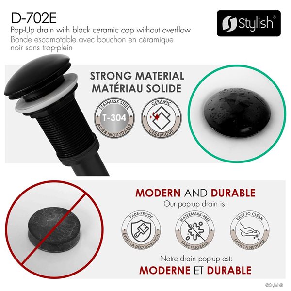 Set of 2 Vessel Sink Pop-Up Drains w/ Black Ceramic Caps Without Overflow - Matte Black