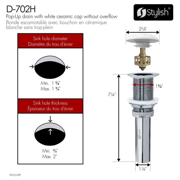 Set of 2 Vessel Sink Pop-Up Drains w/ White Ceramic Cap Without Overflow - White