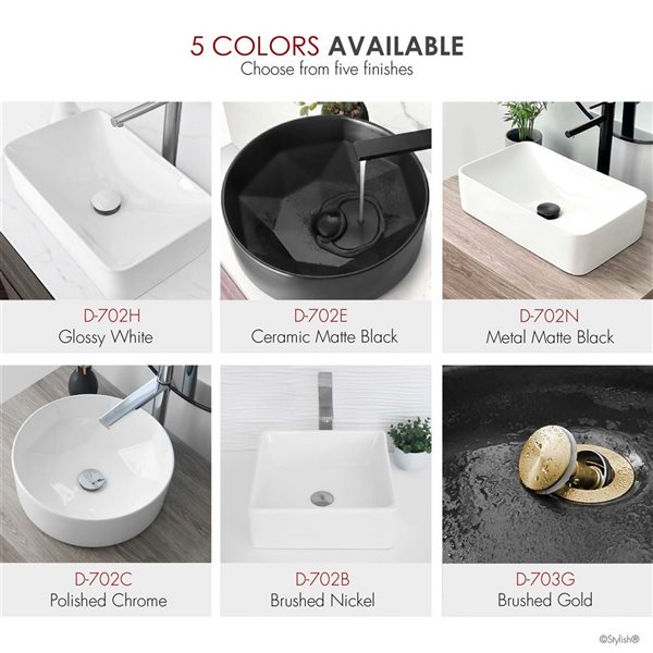 Set of 2 Vessel Sink Pop-Up Drains w/ White Ceramic Cap Without Overflow - White