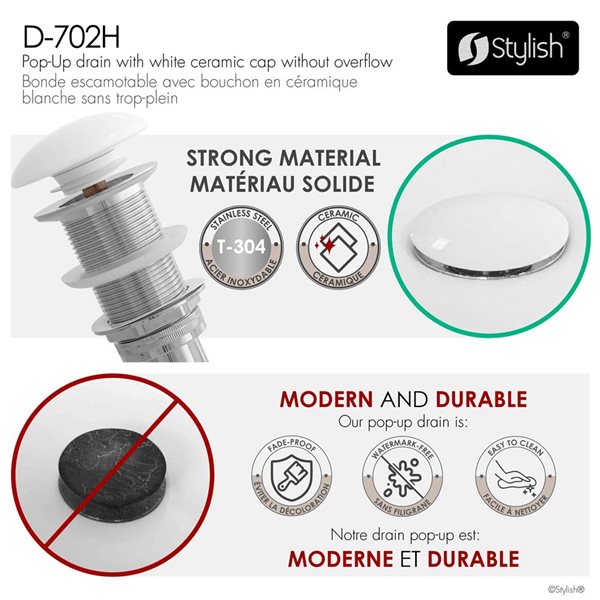 Set of 2 Vessel Sink Pop-Up Drains w/ White Ceramic Cap Without Overflow - White