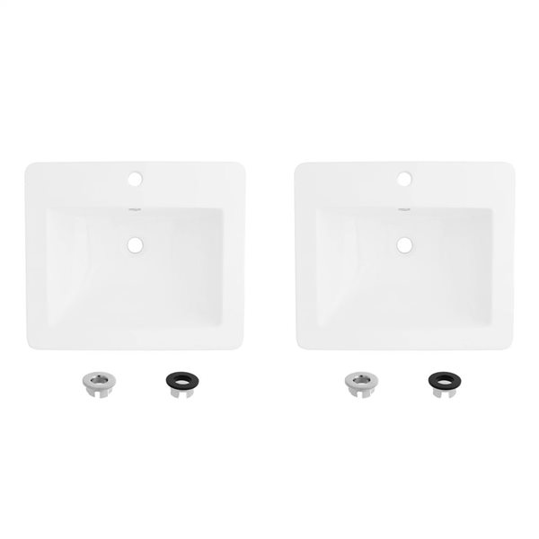 Set of 2 Stylish Rectangular 21.25 x 18-in Drop-in Bathroom Sinks w/ Overflow Caps - White