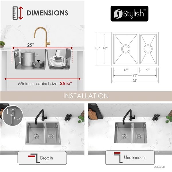 Stylish Undermount or Drop-in 25-in Stainless Steel 60/40 Double Bowl Kitchen Sink