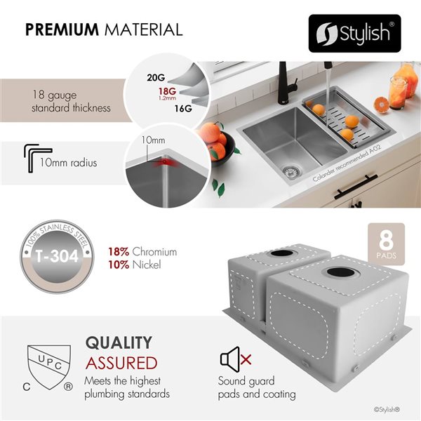 Stylish Undermount or Drop-in 25-in Stainless Steel 60/40 Double Bowl Kitchen Sink