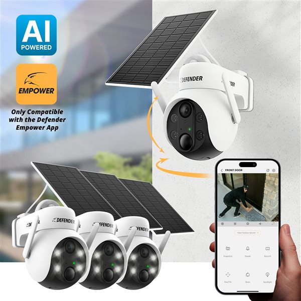 Defender Solar Powered 4K/8 MP AI Everwatch PTZ Wireless Outdoor Security Camera 3/Pck