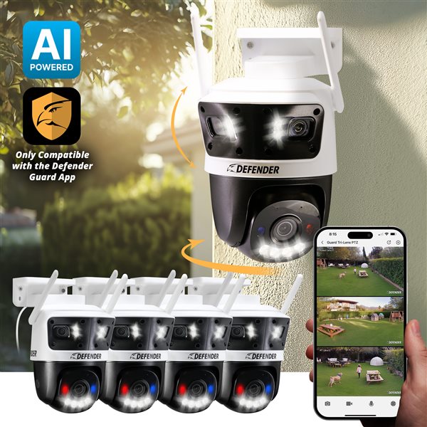 Defender Tri-Lens PTZ AI Powered Plug-In Wi-Fi 6 Security Camera w/ 180° Wide-Angle Viewing  4/Pck