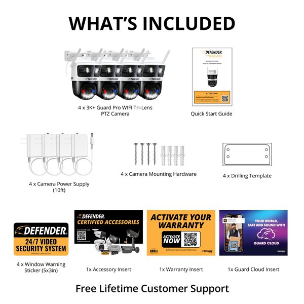 Defender Tri-Lens PTZ AI Powered Plug-In Wi-Fi 6 Security Camera w/ 180° Wide-Angle Viewing  4/Pck