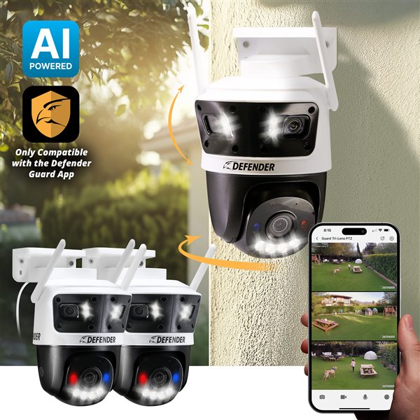 Defender Tri-Lens PTZ AI Powered Plug-In Wi-Fi 6 Security Camera w/ 180° Wide-Angle Viewing  2/Pck