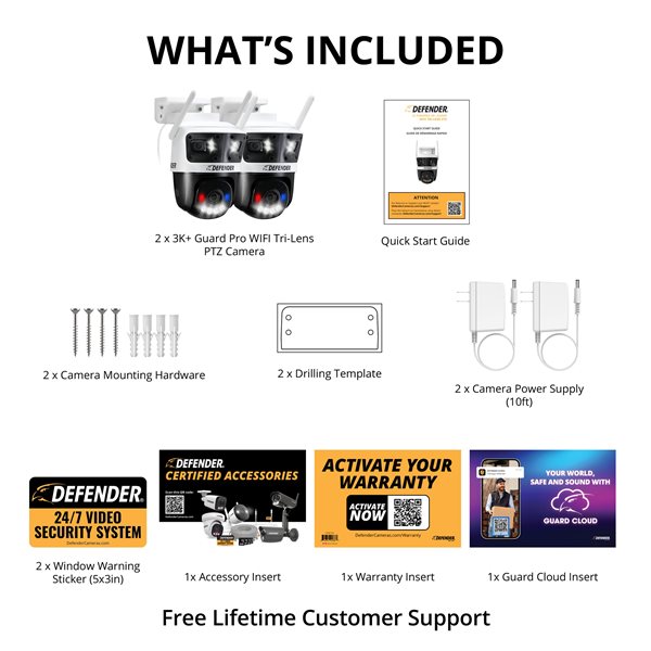 Defender Tri-Lens PTZ AI Powered Plug-In Wi-Fi 6 Security Camera w/ 180° Wide-Angle Viewing  2/Pck