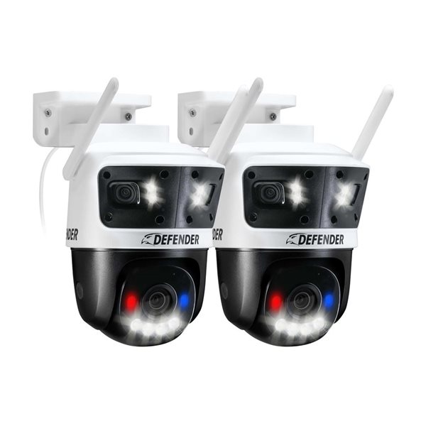 Defender Tri-Lens PTZ AI Powered Plug-In Wi-Fi 6 Security Camera w/ 180° Wide-Angle Viewing  2/Pck