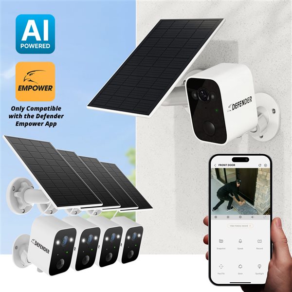 Defender Solar Powered 4K/8 MP AI Everwatch Wireless Outdoor Security Camera 4/Pck