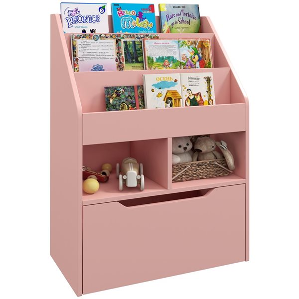 HOMCOM Kids' 3-Tier Bookcase Organizer w/ Drawer - Pink