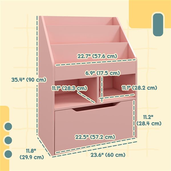 HOMCOM Kids' 3-Tier Bookcase Organizer w/ Drawer - Pink
