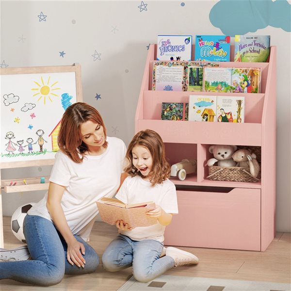 HOMCOM Kids' 3-Tier Bookcase Organizer w/ Drawer - Pink