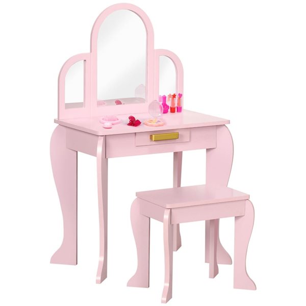 Qaba Kids' Vanity Table w/ Chair and Drawer - Pink