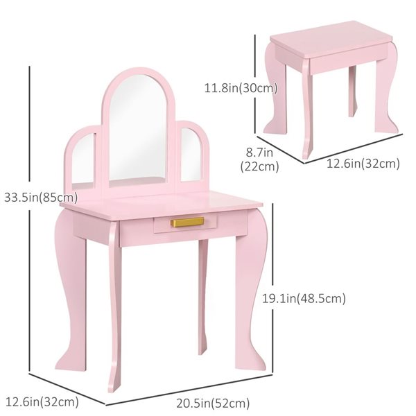 Qaba Kids' Vanity Table w/ Chair and Drawer - Pink