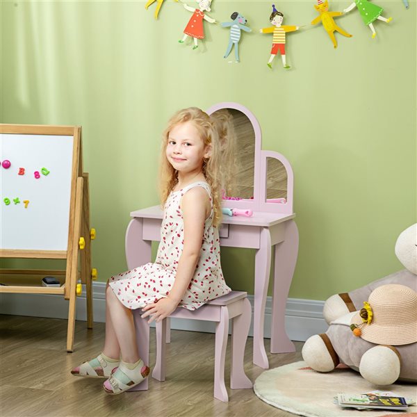 Qaba Kids' Vanity Table w/ Chair and Drawer - Pink