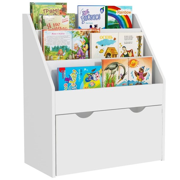 Qaba Kids' 3-Tier Bookshelf w/ Large Drawer - White