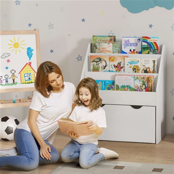 Qaba Kids' 3-Tier Bookshelf w/ Large Drawer - White