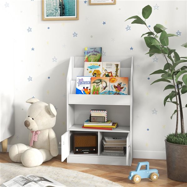 Qaba Kids' 3-Tier Bookshelf and Toy Storage w/ Compartment - White