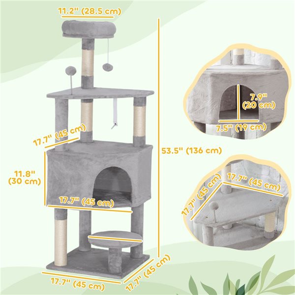 PawHut 54-in Cat Tree w/ Large Cozy Condo and Plush Top Perch - Grey