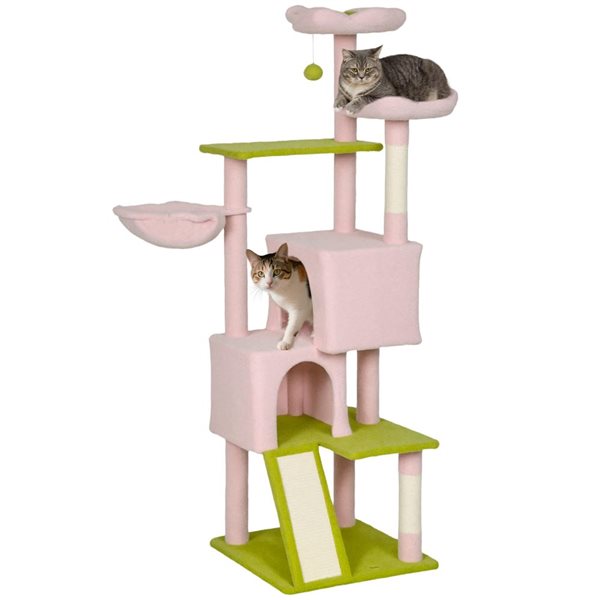 PawHut 62-in Cat Tree w/ 2 Condos + 2 Beds + Hammock and Sisal Scratching Posts and Pad - Pink