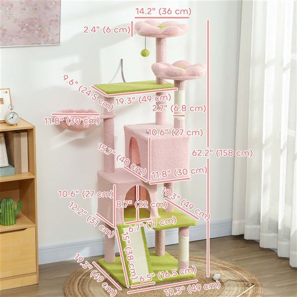 PawHut 62-in Cat Tree w/ 2 Condos + 2 Beds + Hammock and Sisal Scratching Posts and Pad - Pink