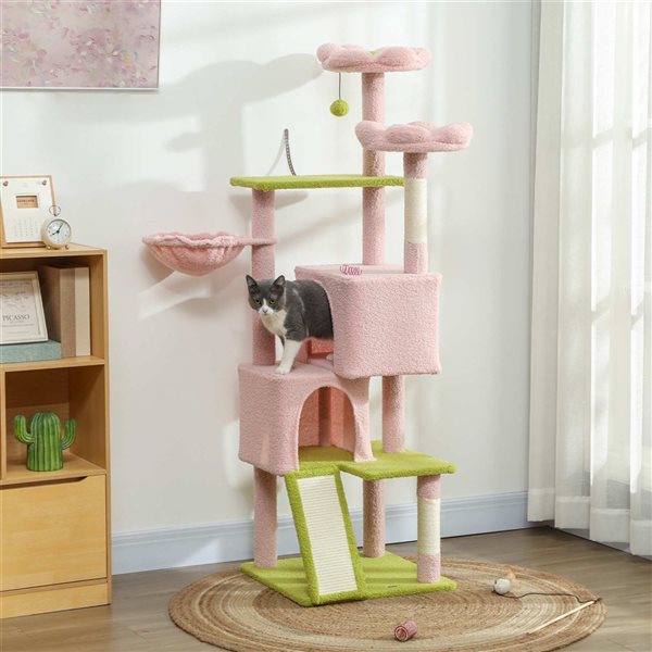 PawHut 62-in Cat Tree w/ 2 Condos + 2 Beds + Hammock and Sisal Scratching Posts and Pad - Pink