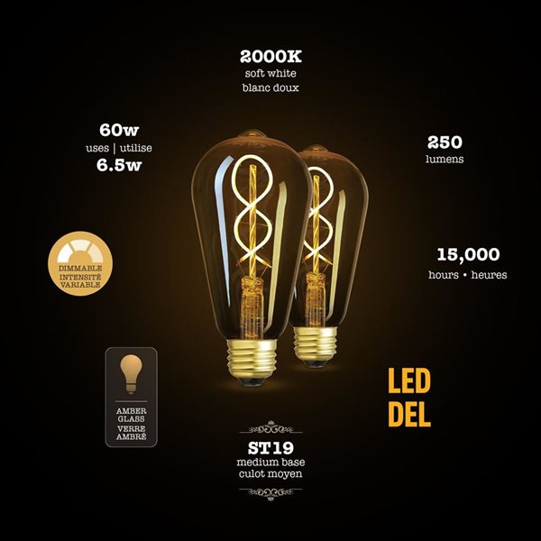 Globe Electric 60W Equivalent Soft White 2000 K ST19 Amber Glass Vintage Edison Dimmable LED Light Bulb with E26 Base - 250 lm