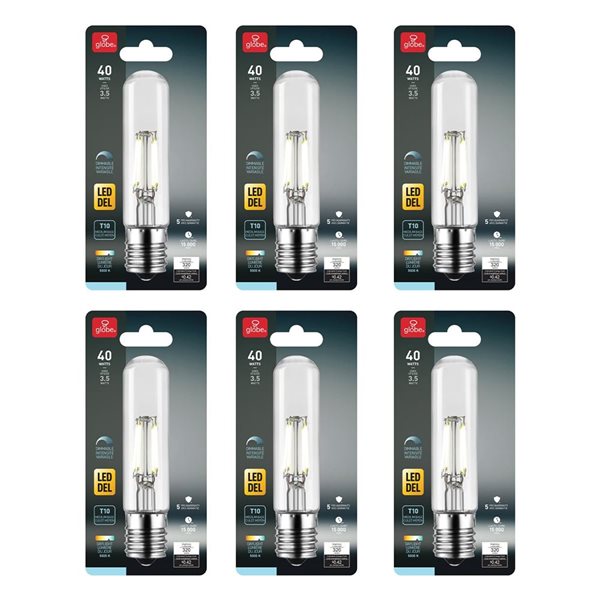 Globe Electric 40W Equivalent 5000 K Daylight White T10 Filament Dimmable LED Light Bulbs - 6-Pack