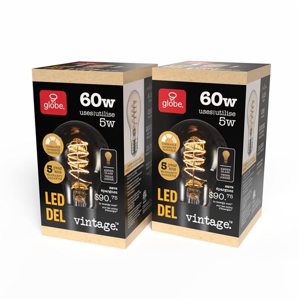 Globe Electric 60W Equivalent 2000 K Sunset Glow A19 Dimmable Amber Vintage Edison LED Light Bulbs - 2-Pk