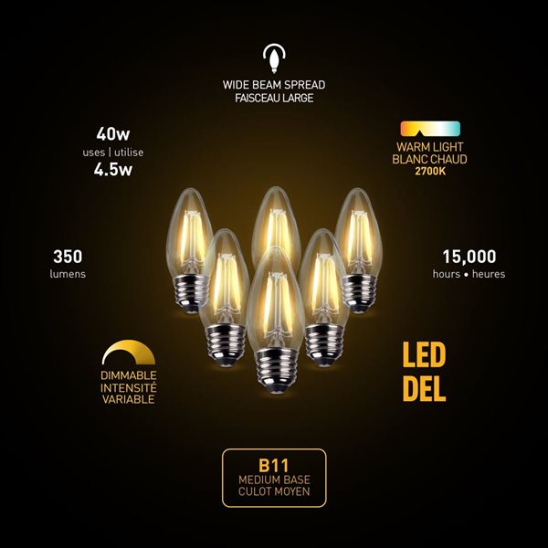 Globe Electric 40W Equivalent Warm White 2700 K B11 E26 Base 350 lm Dimmable LED Light Bulbs - 6-Pack