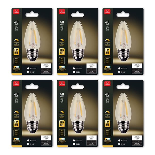 Globe Electric 40W Equivalent Warm White 2700 K B11 E26 Base 350 lm Dimmable LED Light Bulbs - 6-Pack