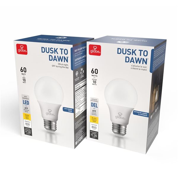 Globe Electric 60W Equivalent 3000 K Warm White A19 E26 Base Dusk to Dawn Non-Dimmable LED Light Bulbs - 2-Pack