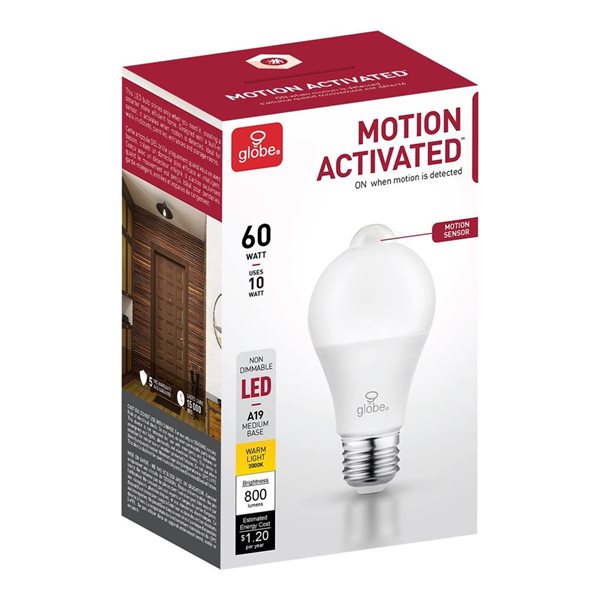 Globe Electric 60W Equivalent 3000 K Warm White A19 Motion Sensor Non-Dimmable LED Light Bulb - E26 Base
