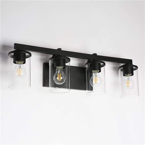 LNC Sturgeon 28-in W Black Metal 4-Light Modern-Transitional Vanity Light w/ Clear Cylindrical Glass