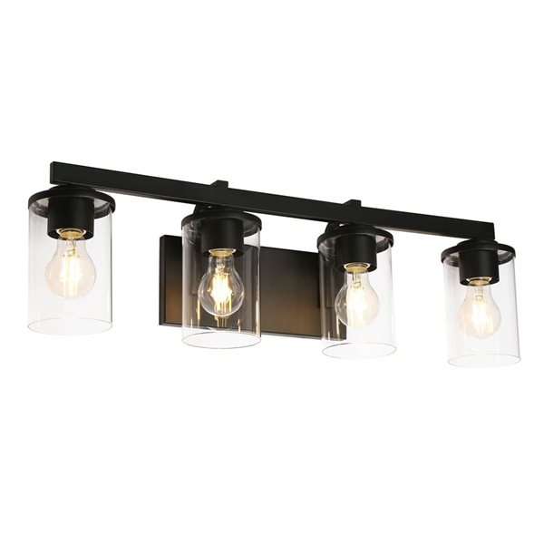 LNC Sturgeon 28-in W Black Metal 4-Light Modern-Transitional Vanity Light w/ Clear Cylindrical Glass