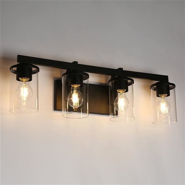LNC Sturgeon 28-in W Black Metal 4-Light Modern-Transitional Vanity Light w/ Clear Cylindrical Glass